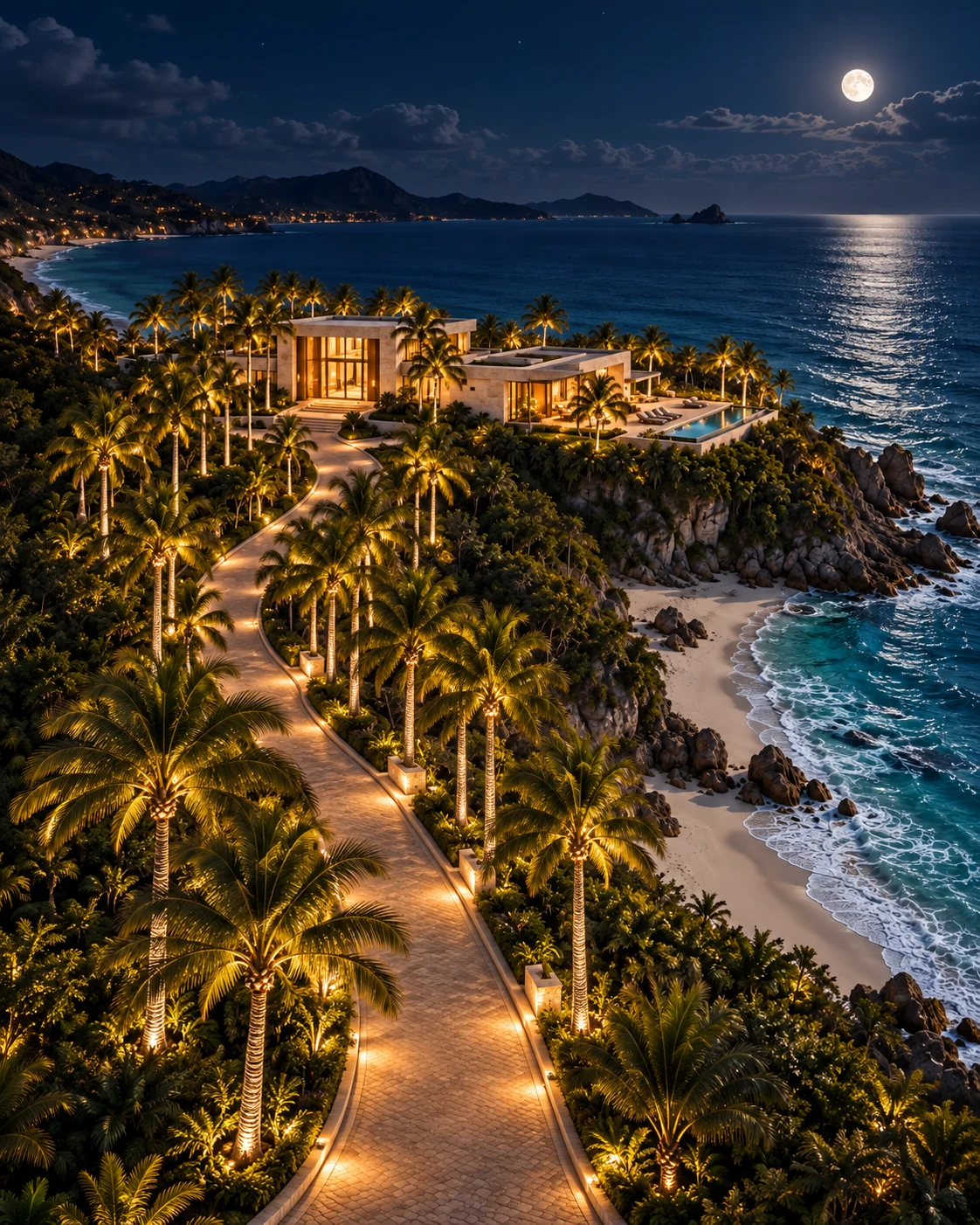 A palm-lined coastal retreat glowing beside the ocean at dusk