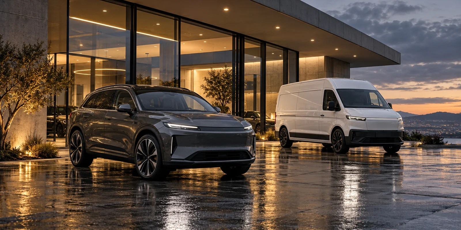Illustrative automotive showroom with an SUV and van; not a delivered Harris campaign