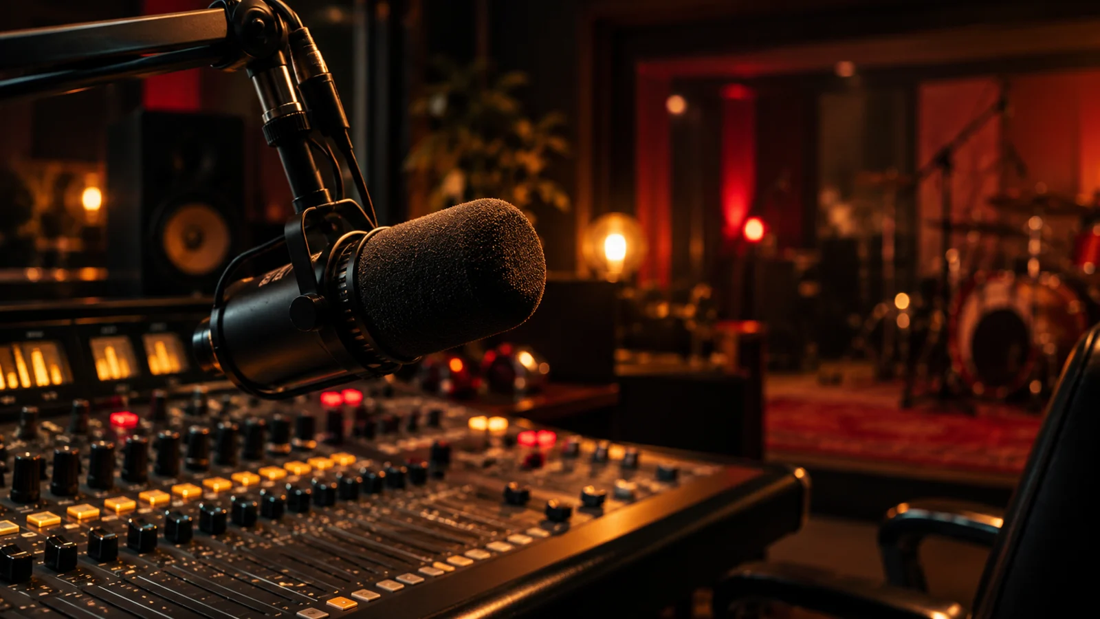 Illustrative broadcast microphone and mixing desk; not the actual HOT 97 studio